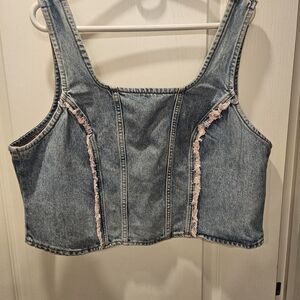 Denim Crop Top with Pink Accents
